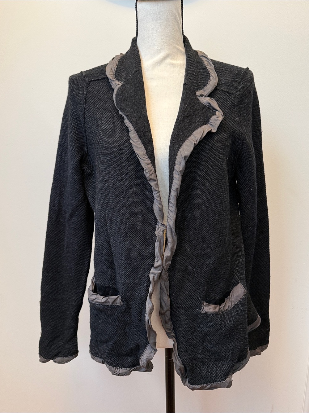 Banana Republic Black Knit Blazer with Gray Ruffle Trim